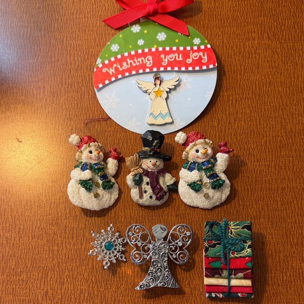 Festive Snowman & Angel Holiday Ornament Lot - Red, Green, White